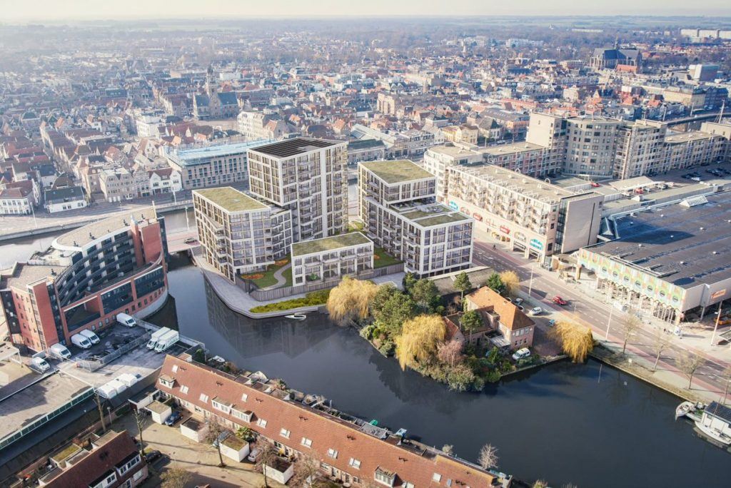 zicht van bovenaf op de nieuwbouw van Dockside 1, gelegen aan het Alkmaars Kanaal