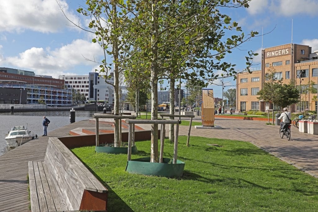 Ringersplein aan het Noordhollandsch Kanaal. Met bomen op de voorgrond en een fietser. In de achtergrond staat een man bij een aangemeerde boot.